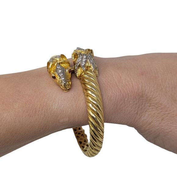 18K Gold Double Horse Head Diamond Ruby Bypass Bangle Bracelet Yellow Gold - Picture 11 of 16